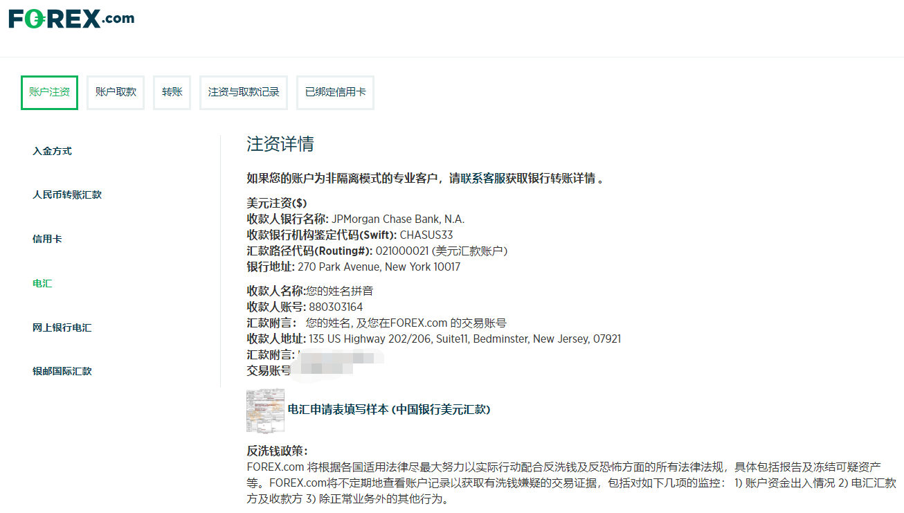嘉盛电汇入金